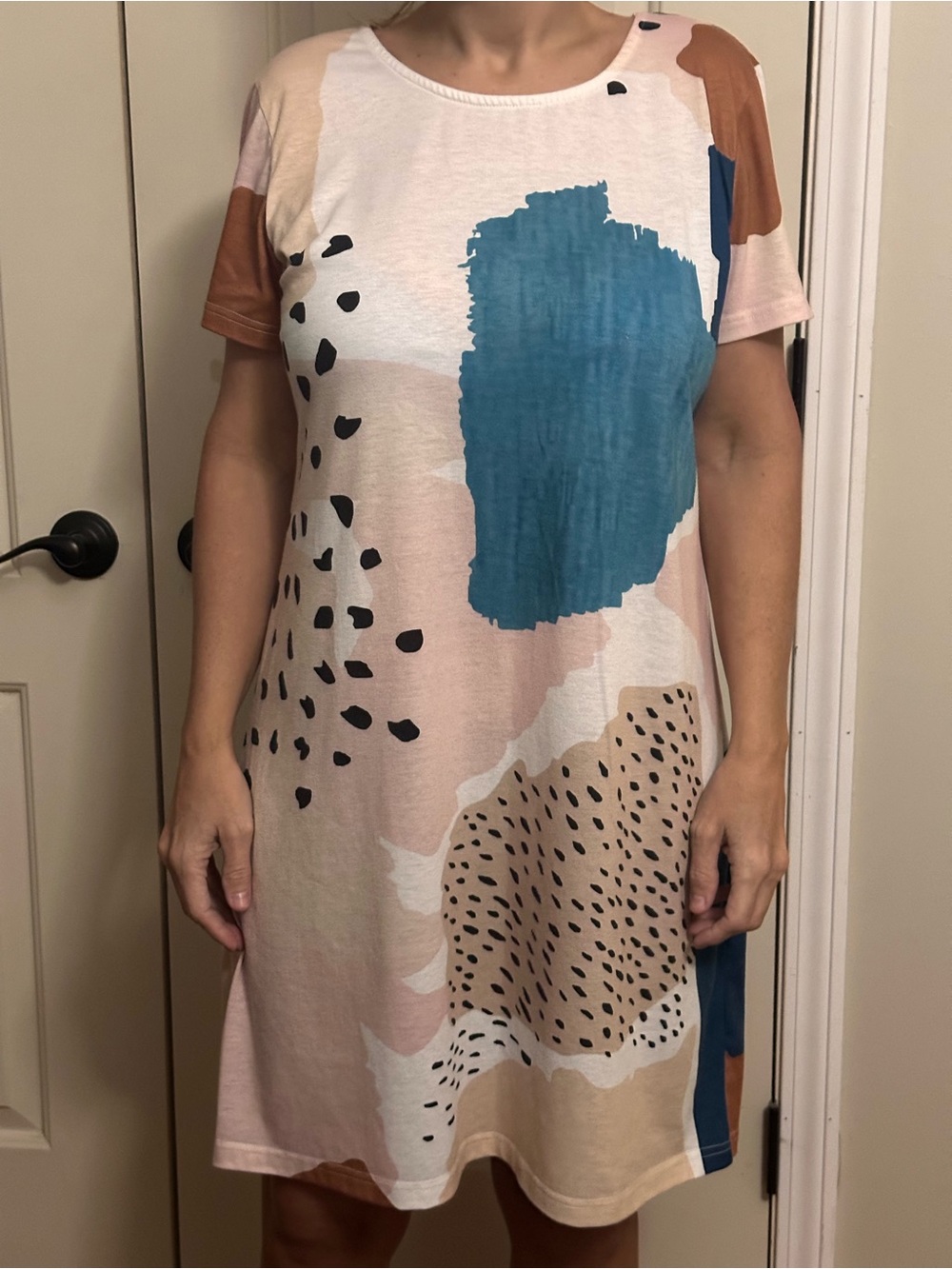 Abstract Print Short Sleeve Dress in Blush and Teal
